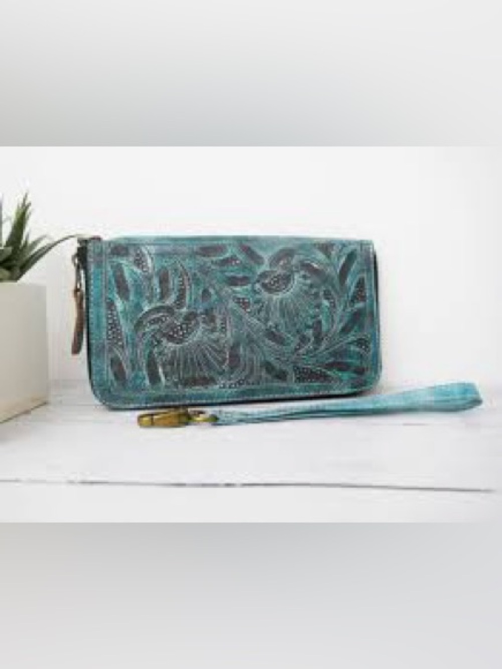 Embossed Teal Leather Wristlet Wallet with Detachable Strap
